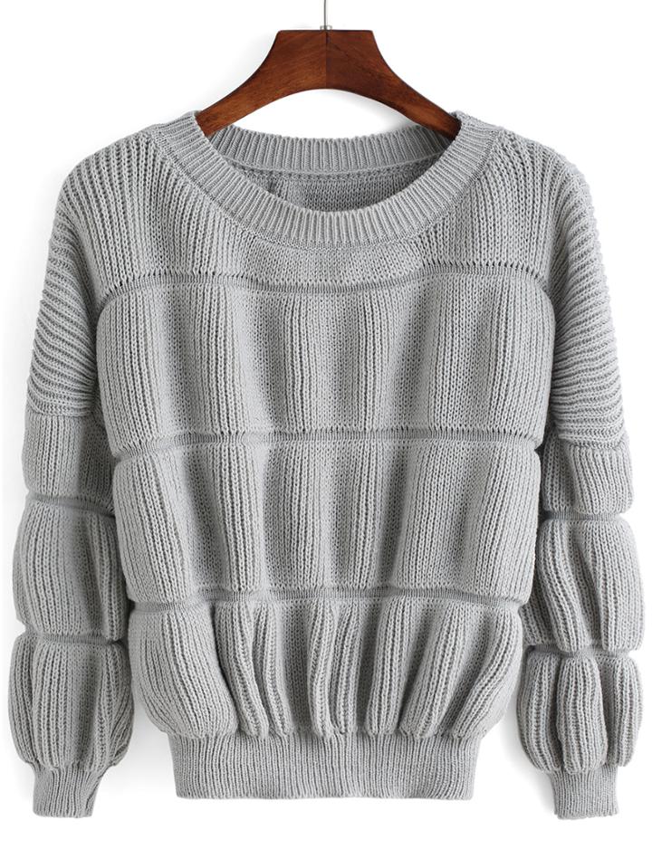 Shein Grey Round Neck Puff Sleeve Crop Sweater