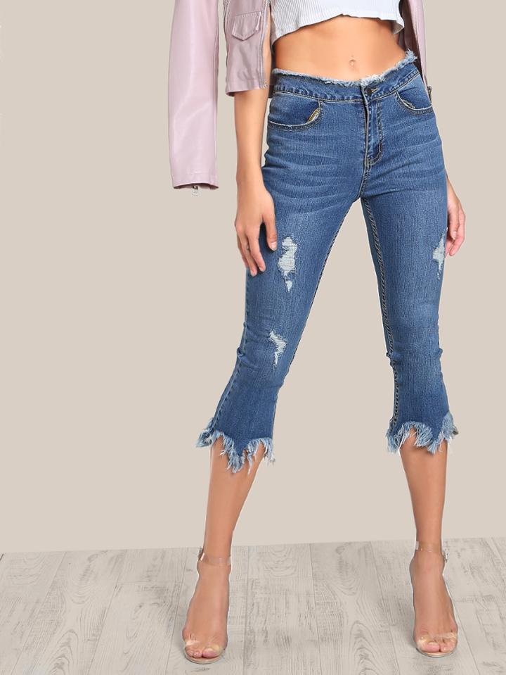 Shein Raw Hem Distressed Pants Denim