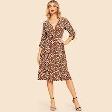 Shein 80s Drawstring Sleeve Calico Print Wrap Dress