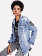 Shein Studded Detail Distressed Denim Jacket