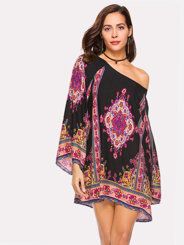Shein Baroque Print Raglan Sleeve Tunic Dress