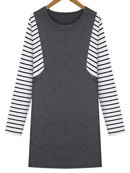 Shein Grey Round Neck Striped Slim Plus Dress