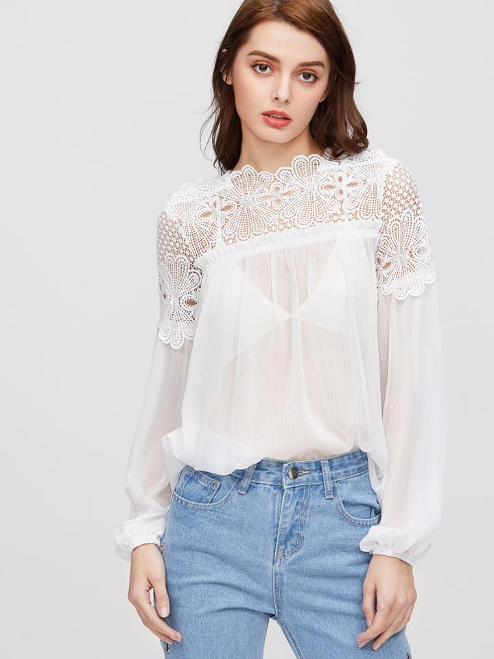 Shein Crochet Shoulder Lantern Sleeve Sheer Top