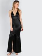 Shein Cross Back Satin Slit Maxi Gown Black