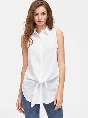 Shein Hidden Button Knot Front Dolphin Hem Shirt
