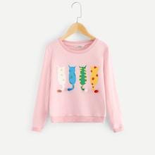 Shein Girls Cat With Pom Pom Detail Sweatshirt
