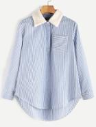 Shein Blue Striped Contrast Collar High Low Blouse