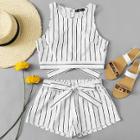 Shein Vertical Striped Crop Top And Self Belt Shorts Set