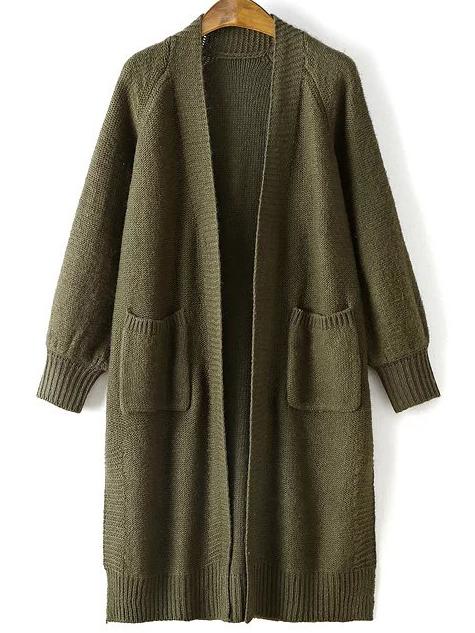 Shein Army Green Raglan Sleeve Side Slit Long Cardigan With Pockets