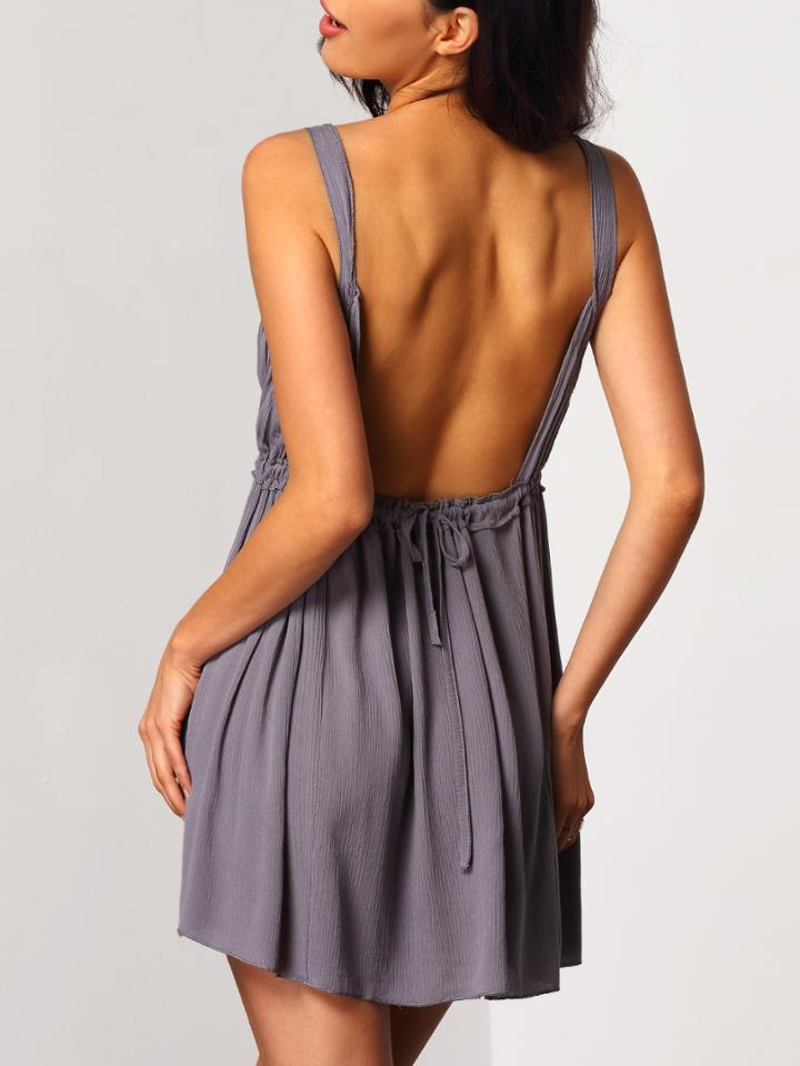 Shein Grey Spaghetti Strap Backless Drawstring Pleated Dress