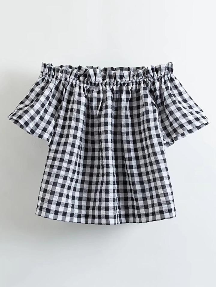 Shein Boat Neckline Frill Trim Checkered Top