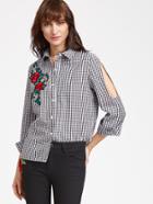 Shein Cutout Sleeve Checkered Embroidered Rose Patch Blouse