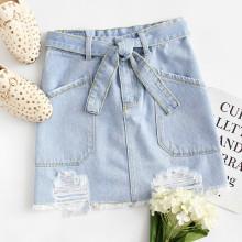 Shein Dual Pocket Tie Waist Raw Hem Denim Skirt