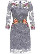 Shein Grey Round Neck Long Sleeve Embroidered Dress