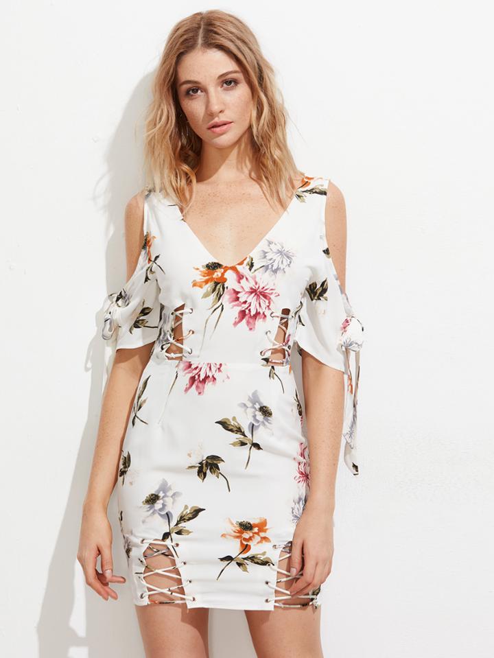 Shein Open Shoulder Lace Up Detail Sheath Dress