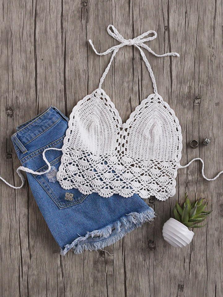 Shein Hollow Out Crochet Halter Neck Top
