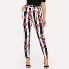 Shein Rose & Striped Print Cigarette Pants With Belt