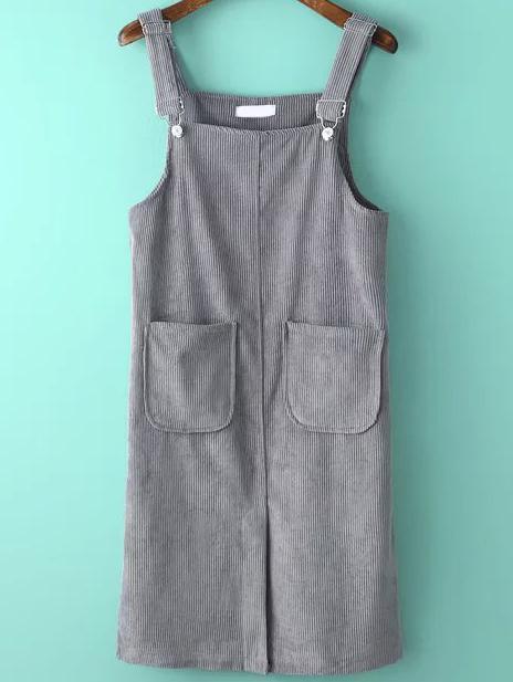 Shein Ribbed Split Corduroy Pale Grey Pinafore Dress