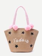 Shein Star Embroidery Straw Tote Bag With Pom Pom
