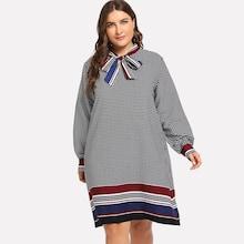 Shein Plus Tie Neck Plaid Striped Dress