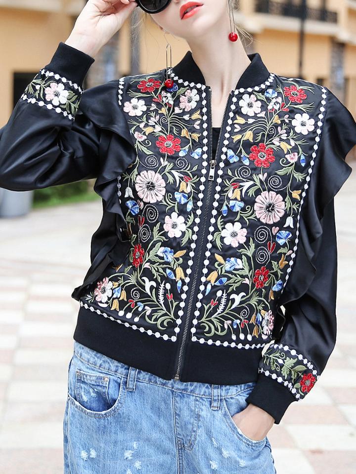 Shein Flowers Embroidered Ruffle Zipper Jacket