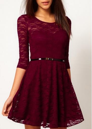 Rosewe Deep Red Half Sleeve Lace A Line Dress