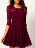 Rosewe Deep Red Half Sleeve Lace A Line Dress