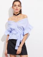 Shein Button Front Frill Sleeve Striped V Bardot Top