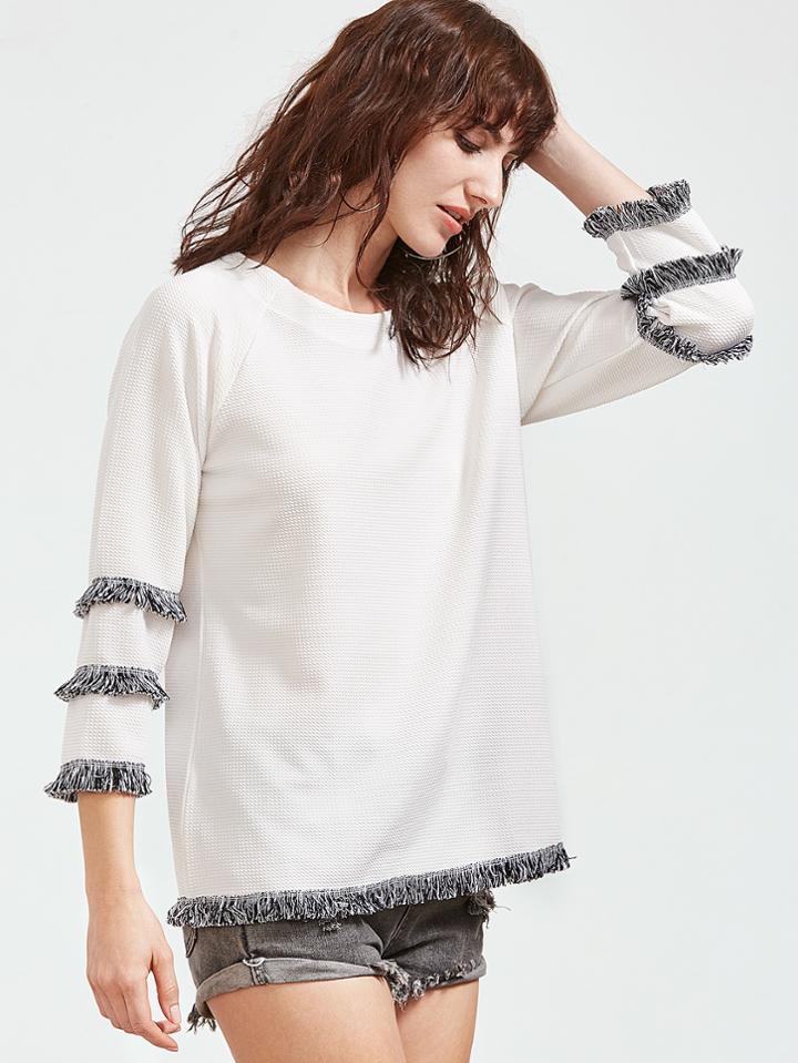 Shein White Raglan Sleeve Fringe Trim T-shirt