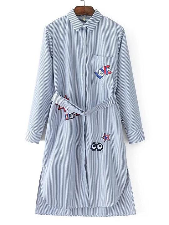 Shein Embroidered Detail Self Tie Striped Dress