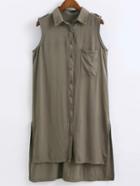 Shein Army Green Sleeveless Pocket Buttons Front High Low Shirt Dress