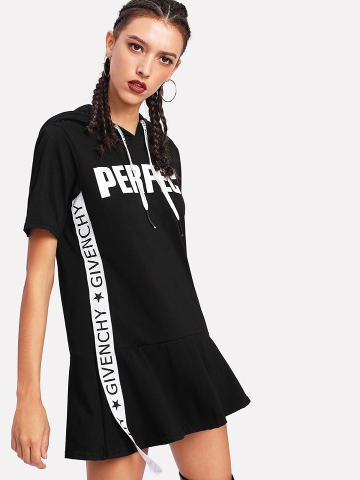 Shein Letter Tape Detail Pep Hem Hooded Tee