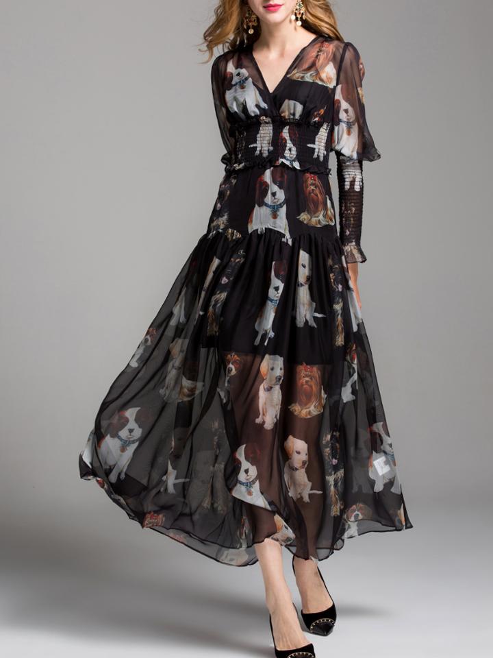 Shein V Neck Dogs Print Elastic-waist Dress