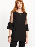 Shein Black Mesh Insert Ruffle Cuff Pleated Blouse