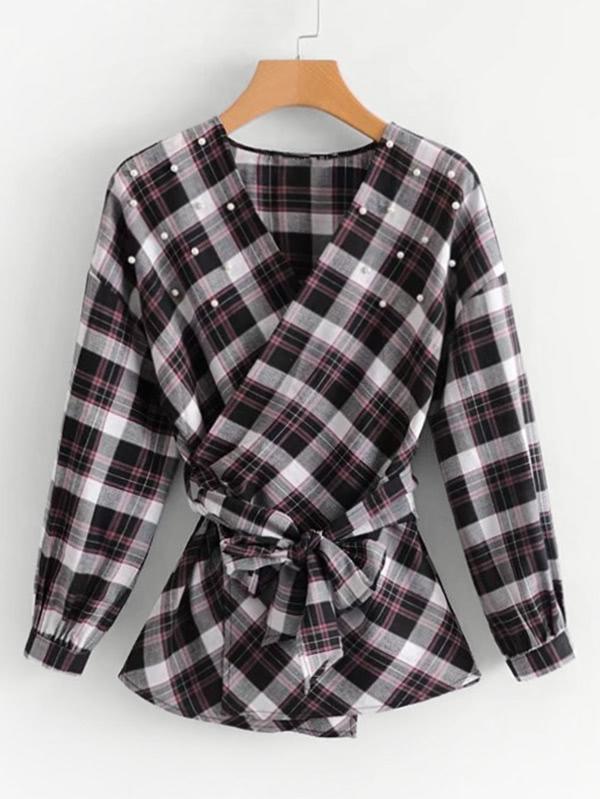 Shein Self Tie Plaid Wrap Blouse