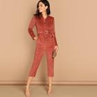 Shein Button & Pocket Front Belted Solid Jumpsuit