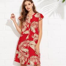 Shein Flutter Sleeve Palm Leaf Print Buttoned Dress