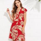 Shein Flutter Sleeve Palm Leaf Print Buttoned Dress