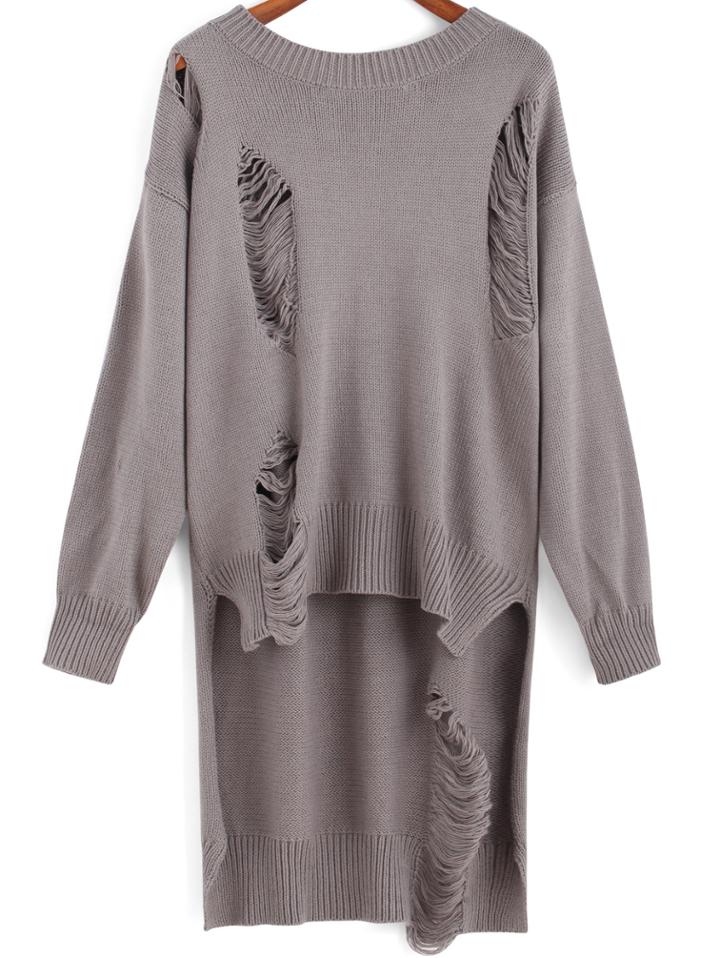 Shein Grey Round Neck Ripped Dip Hem Sweater