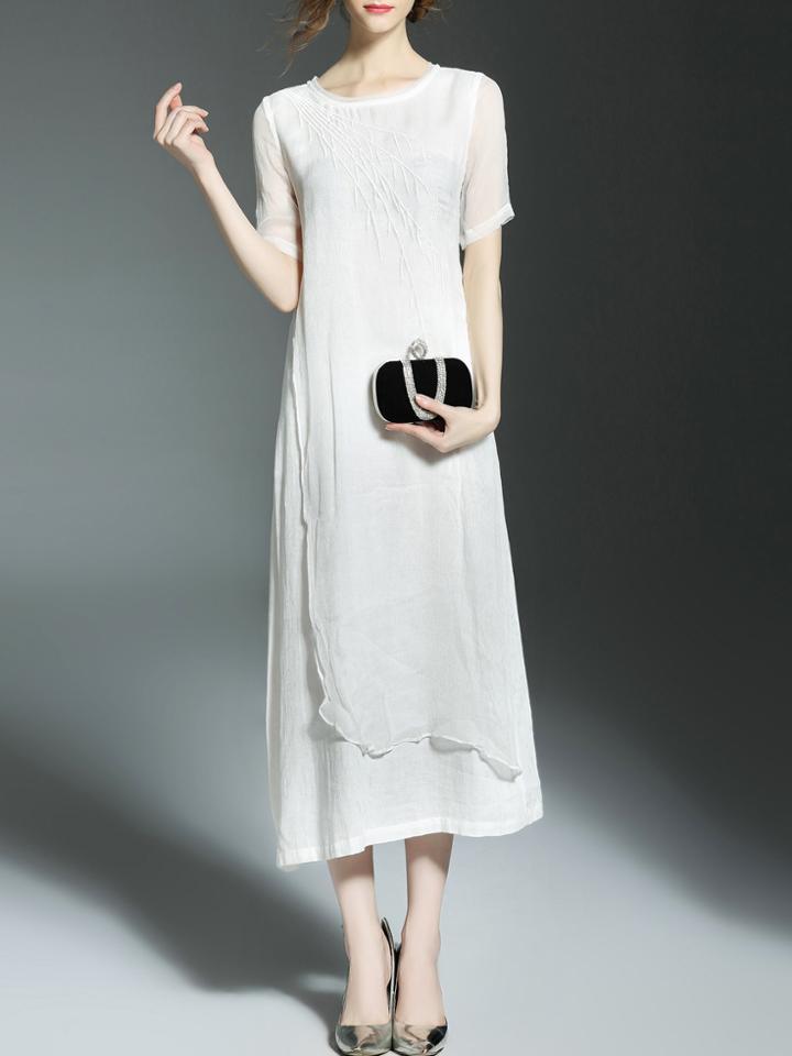 Shein White Tree Embroidered Pockets Long Dress