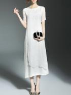 Shein White Tree Embroidered Pockets Long Dress