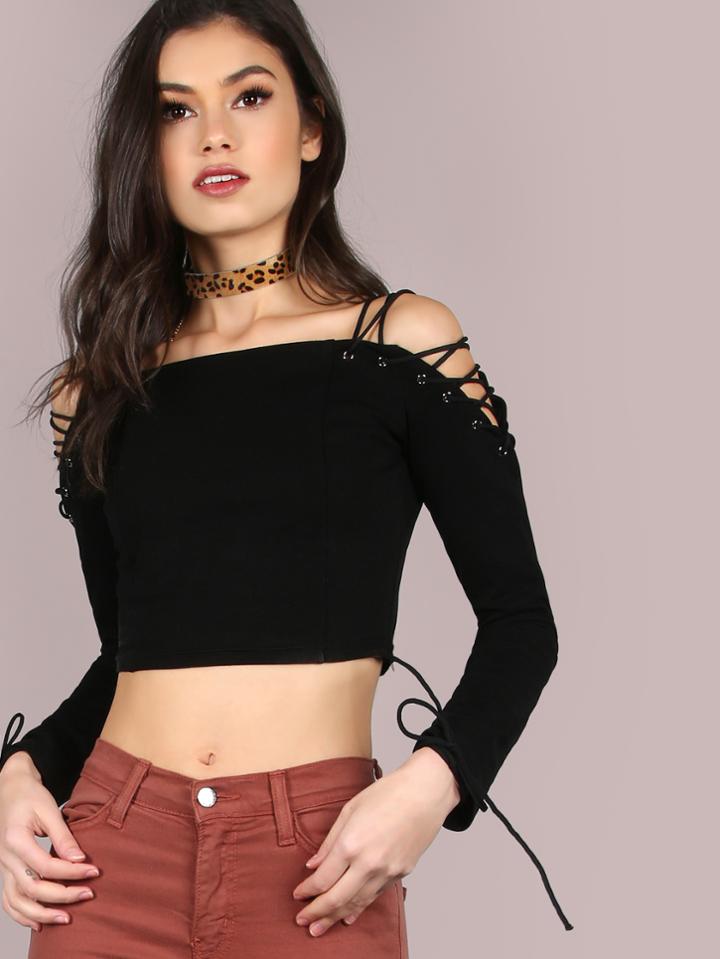 Shein Lace Up Grommet Shoulder Crop Top