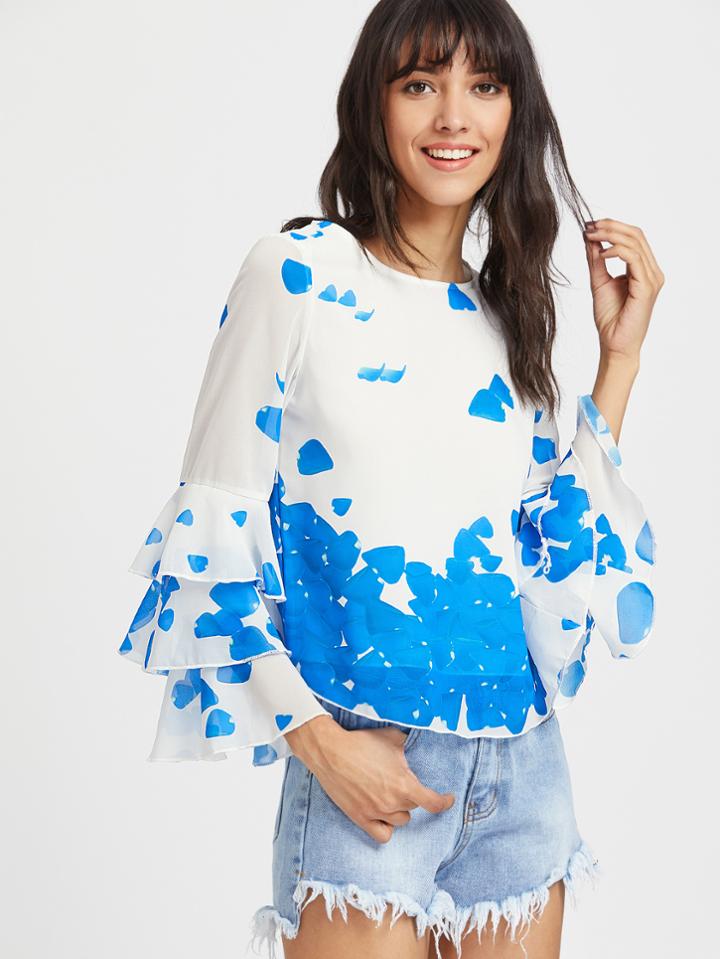 Shein Printed Tiered Bell Sleeve Keyhole Back Top