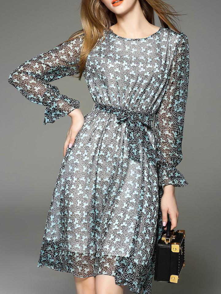 Shein Blue Bell Sleeve Tie-waist Print Dress