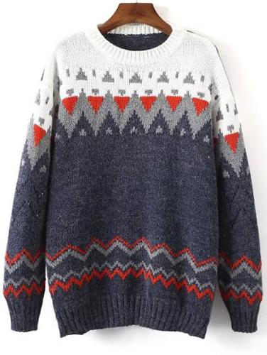 Shein Navy Crew Neck Geometric Print Loose Sweater