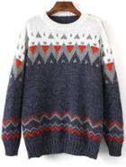 Shein Navy Crew Neck Geometric Print Loose Sweater