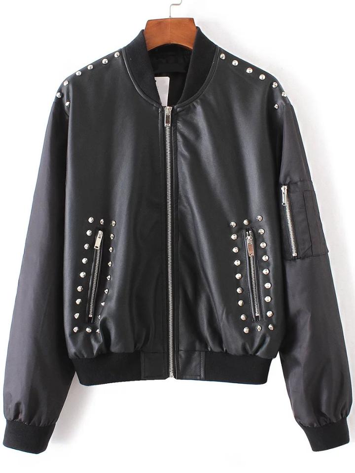 Shein Black Flower Embroidery Studded Pu Jacket