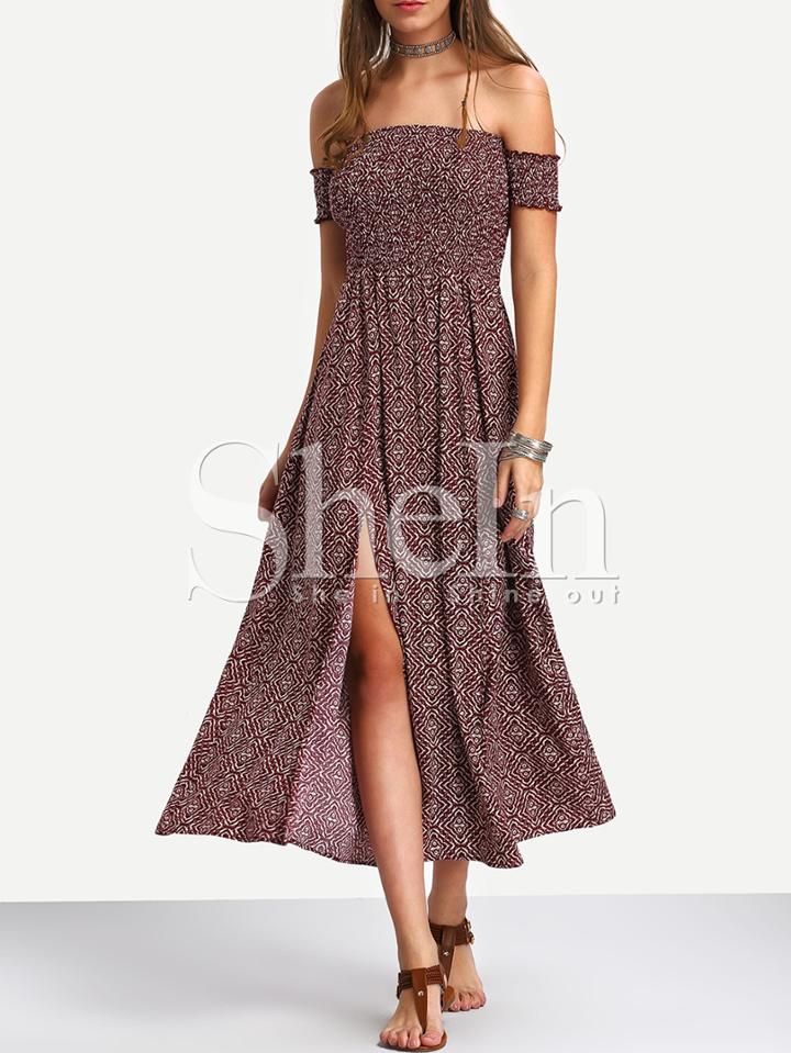 Shein Multicolor Off The Shoulder Split Side Maxi Dress