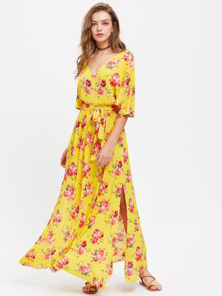 Shein Deep V Cut Slit Sleeve Self Tie Beach Dress