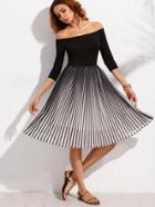 Shein Black And White Pleated Off The Shoulder Dress